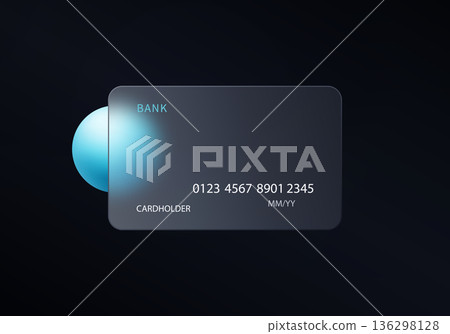 Glassmorphism credit card mockup with blue sphere on dark background 136298128