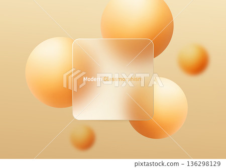 Warm glassmorphism square panel with orange floating spheres on gradient background Warm glassmorphism square panel with orange floating spheres on gradient background 136298129