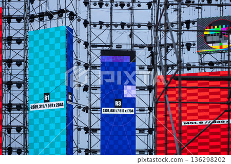 led screen installation and calibration for event stage setup, panel setup and testing for concert stage construction 136298202