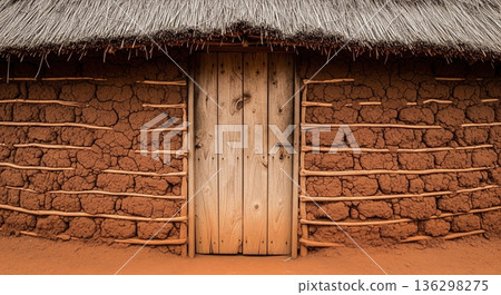 Rustic wooden door in textured red mud wall of traditional hut with dry thatched roof 136298275