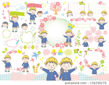 一組兒童身穿制服進入幼兒園的插圖,春季 一組兒童身穿制服進入幼兒園的插圖,春季 136298278