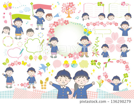 一組兒童身穿制服進入幼兒園的插圖，春季 136298279