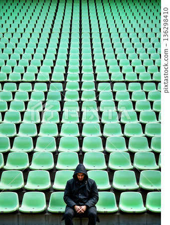 Lone hooded man sits in vast empty yellow stadium seats - ai generated Lone hooded man sits in vast empty yellow stadium seats - ai generated 136298410