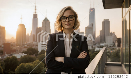 Young blonde manager in suit on city balcony at sunset - ai generated 136298442