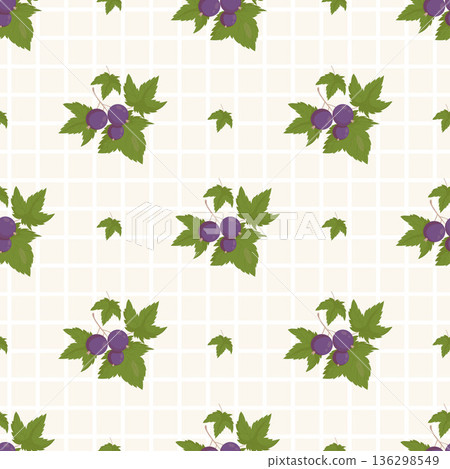 Blackcurrant Branches Seamless Pattern. Purple Berries with Leaves on Light Checkered Background. Botanical Fruit Square template Ornament. Vector illustration Blackcurrant Branches Seamless Pattern. Purple Berries with Leaves on Light Checkered Background. Botanical Fruit Square template Ornament. Vector illustration 136298549