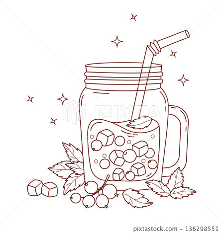 Outline Blackcurrant Drink with Ice Cubes, Berries in clear in mason jar. Seasonal Refreshing Cocktail with straw and Mint. Line drawing, coloring page. Vector Illustration Outline Blackcurrant Drink with Ice Cubes, Berries in clear in mason jar. Seasonal Refreshing Cocktail with straw and Mint. Line drawing, coloring page. Vector Illustration 136298551