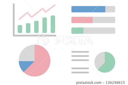 Set illustration of a business data analysis screen displaying bar graphs and pie charts Set illustration of a business data analysis screen displaying bar graphs and pie charts 136298615