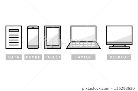 A simple icon set illustrating the components of business information shared across multiple devices A simple icon set illustrating the components of business information shared across multiple devices 136298620