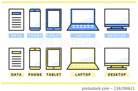 Illustration of a two-color variation set of business data displays made up of paper and various devices 136298621