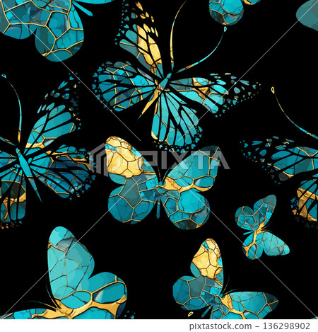A set of beautiful blue and gold butterflies Seamless pattern . Hand drawn. Not AI, vector illustration. 136298902