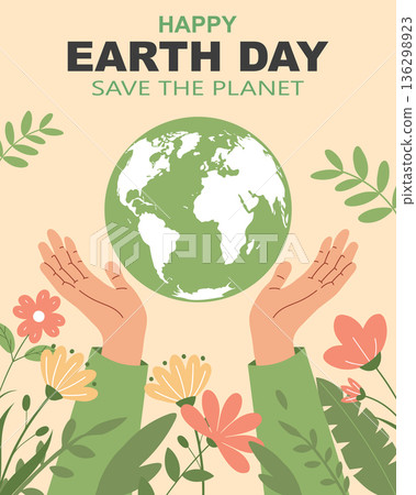 Happy earth day card with hands holding a globe with flowers. Illustration for Earth Day, banner, poster. 136298923