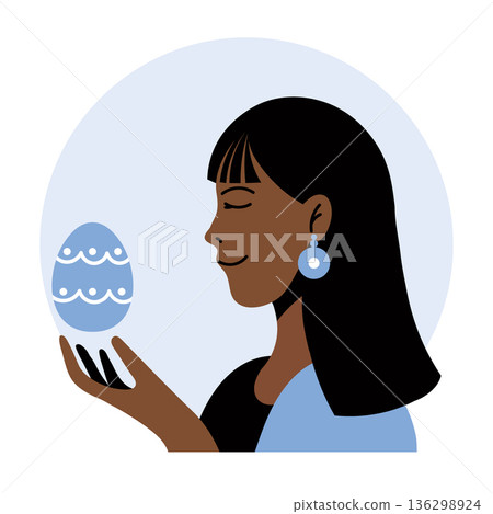 Woman holding a decorated Easter egg, celebrating the spring holiday. Illustration. 136298924