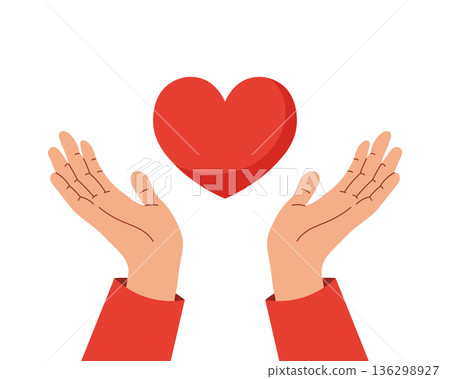 Hands Gently Holding a Red Heart Symbolizing Love and Care. Illustration. 136298927