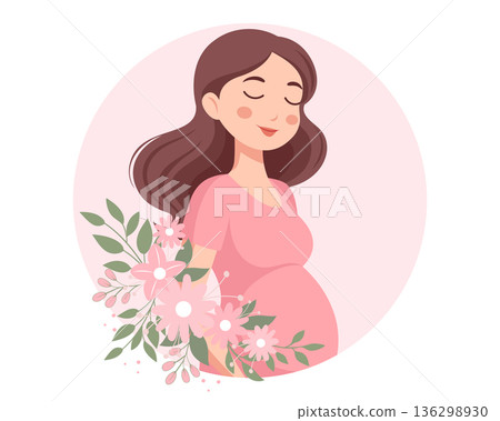 Beautiful expectant mother with with floral accents. Pregnant woman illustration. Beautiful expectant mother with with floral accents. Pregnant woman illustration. 136298930