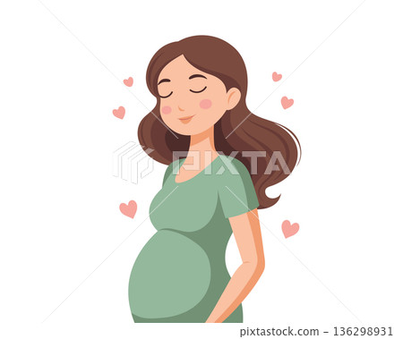Beautiful expectant mother with pink hearts. Pregnant woman illustration. Beautiful expectant mother with pink hearts. Pregnant woman illustration. 136298931