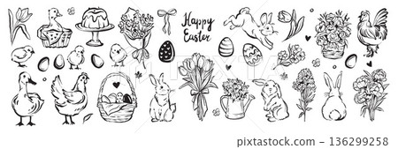 Spring Easter doodle set, hand drawn holiday cute bunny illustration seasonal whimsical flower print 136299258
