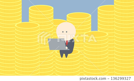 商業形象插圖：一位商人正在處理一堆硬幣的插圖。 136299327