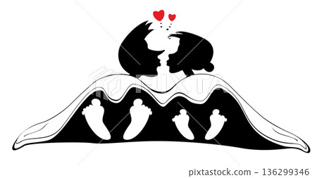 Young man and woman kissing, laying in the bed.  All you need is love. Love couple rendezvous. Black and white illustration 136299346
