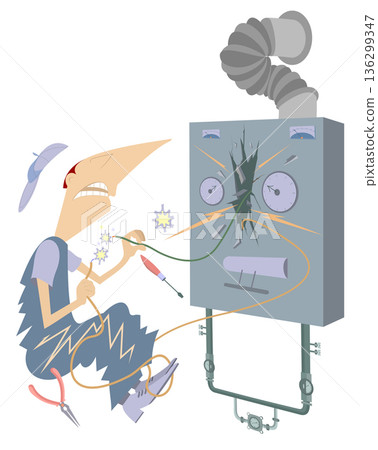 Electrician was electrocuted. Electrician trembles from electric shock. Cartoon electrician repairs wires on control panel and gets electric shock. Electrician is injured by electric shock while repai 136299347