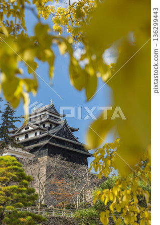 The castle tower and autumn leaves of Matsue Castle, a national treasure with a surviving castle tower in Tonomachi, Matsue City, Shimane Prefecture, Japan The castle tower and autumn leaves of Matsue Castle, a national treasure with a surviving castle tower in Tonomachi, Matsue City, Shimane Prefecture, Japan 136299443