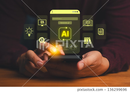 Person using a smartphone with AI icon and technology interface, symbolizing artificial intelligence, innovation, digital transformation, and modern smart applications in business and education. Person using a smartphone with AI icon and technology interface, symbolizing artificial intelligence, innovation, digital transformation, and modern smart applications in business and education. 136299696
