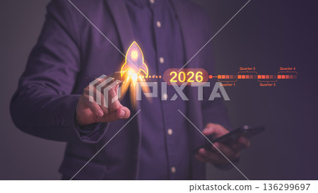 Person touch virtual rocket. Business planning quarterly timeline in 2026 with digital chart, representing project management, corporate goals, and financial planning for effective business growth. 136299697