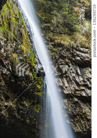 Ryuzugataki Falls, a waterfall in Kakeya Town, Unnan City, Shimane Prefecture, Japan, splashing water as it flows down Ryuzugataki Falls, a waterfall in Kakeya Town, Unnan City, Shimane Prefecture, Japan, splashing water as it flows down 136299719