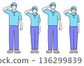 一組簡單的線條畫向量插圖，描繪了男女工人微笑地互相問候，全身像。 136299839