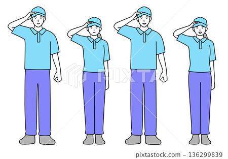 一組簡單的線條畫向量插圖，描繪了男女工人微笑地互相問候，全身像。 136299839