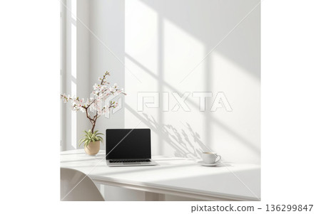 乾淨的白色辦公桌環境給人春意盎然之感，也像徵遠距辦公和嶄新的生活。 136299847