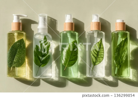 Transparent Cosmetic bottles with green leaf for skin care. Beauty products mockup face lotion, facial cleanser, toner, natural organic cosmetics, minimal trend top view, summer sunlight, shine shadow Transparent Cosmetic bottles with green leaf for skin care. Beauty products mockup face lotion, facial cleanser, toner, natural organic cosmetics, minimal trend top view, summer sunlight, shine shadow 136299854