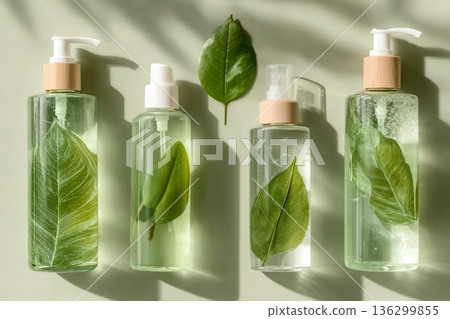 Transparent Cosmetic bottles with green leaf for skin care. Beauty products mockup face lotion, facial cleanser, toner, natural organic cosmetics, minimal trend top view, summer sunlight, shine shadow 136299855