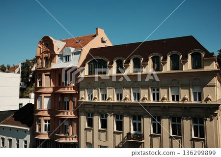 Row of colorful historic residential buildings in Belgrade under clear sky Row of colorful historic residential buildings in Belgrade under clear sky 136299899