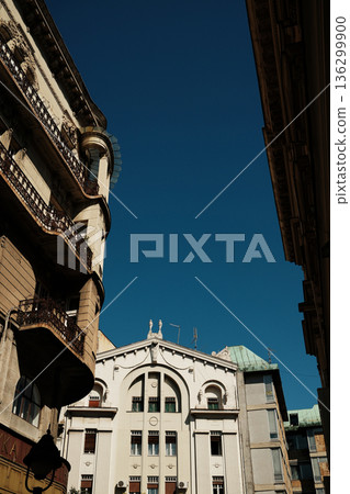 Historic buildings in Belgrade city center with balconies and blue sky Historic buildings in Belgrade city center with balconies and blue sky 136299900