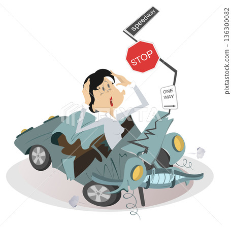 Road accident with young woman.  Upset driver woman smashed into a road sign 136300082