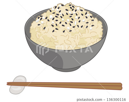 Illustration of brown rice and sesame salt + chopsticks and chopstick rest added Illustration of brown rice and sesame salt + chopsticks and chopstick rest added 136300116