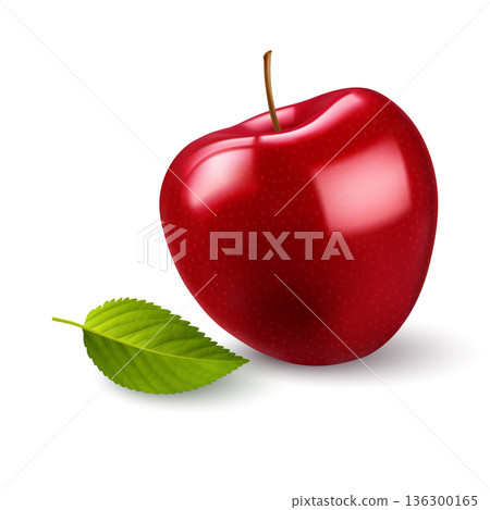 Red apple with green leaf Red apple with green leaf 136300165