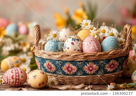 A festive Easter basket with painted eggs A festive Easter basket with painted eggs 136300237