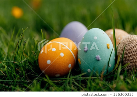 Happy Easter. Easter eggs on grass on a sunny spring day - Easter decoration, banner, panorama, background with copy space for text. 136300335