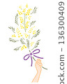 Illustration of a hand holding a purple ribbon mimosa 136300409