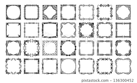 Doodle frame set with ornamental borders and vintage filigree for certificate, elegant invitation card, and baroque ornate floral greeting design. Hand drawn outline photo corners isolated vector set Doodle frame set with ornamental borders and vintage filigree for certificate, elegant invitation card, and baroque ornate floral greeting design. Hand drawn outline photo corners isolated vector set 136300452