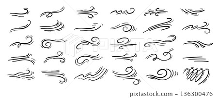 Wind breeze doodle. Swoosh swirls and motion trails for weather windy forecast, comic dynamic energy movement, air blow gust and fresh graphic. Hand drawn wavy flourishes isolated vector set 136300476