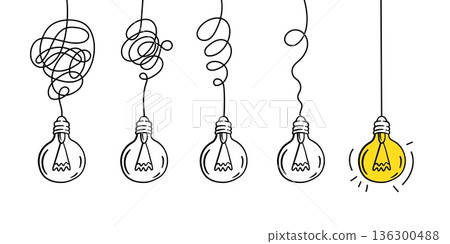 Lightbulb idea doodle. Hanging light bulbs with tangled wires. Innovation and complex problem, business solution. Simplify complex process, from difficult to simple, chaos in mind vector concept Lightbulb idea doodle. Hanging light bulbs with tangled wires. Innovation and complex problem, business solution. Simplify complex process, from difficult to simple, chaos in mind vector concept 136300488