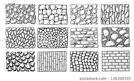 Stone wall textures. Cobblestone tiles hand drawn hatching for vintage wallpaper, game pathway and rustic construction or exterior. Outline bricks for facade, pavement patterns isolated vector set Stone wall textures. Cobblestone tiles hand drawn hatching for vintage wallpaper, game pathway and rustic construction or exterior. Outline bricks for facade, pavement patterns isolated vector set 136300505