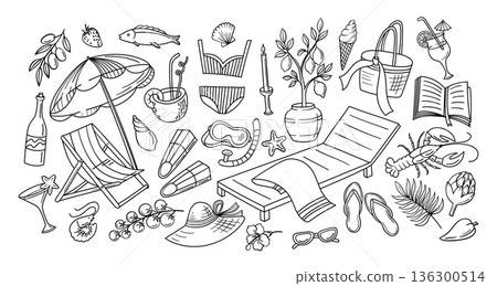 Beach summer, dolce vita doodle. Sunbed, seafood and cocktail, fruits and ice cream, book and swimsuit, candle and beach umbrella for seaside resort, vacation textile, tropical lounge vector set 136300514