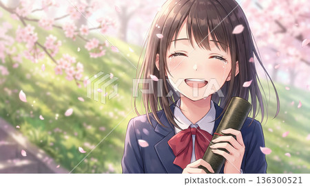 Close-up illustration of a high school girl smiling and crying tears of joy at her graduation ceremony 136300521