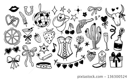 Cowgirl doodle. Western hat, rodeo lassos and disco ball, gun and cocktail, bull skull and cactus, rose and bow, corset for girls bachelorette party. Rodeo whimsical vector coquettish girly set Cowgirl doodle. Western hat, rodeo lassos and disco ball, gun and cocktail, bull skull and cactus, rose and bow, corset for girls bachelorette party. Rodeo whimsical vector coquettish girly set 136300524