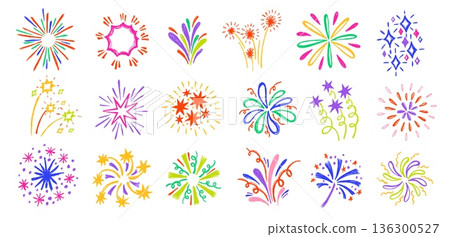 Fireworks burst doodle set. Sparkler stars and colorful explosions for celebration event, festive invitation card and party decoration. Hand drawn bright pyrotechnic, confetti vector clipart isolated Fireworks burst doodle set. Sparkler stars and colorful explosions for celebration event, festive invitation card and party decoration. Hand drawn bright pyrotechnic, confetti vector clipart isolated 136300527