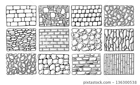 Brick wall doodle. Cobblestone textures, hand drawn hatching vintage wallpaper patterns, game background and rustic construction or landscaping. Outline tiles for facade, pavement surfaces vector set 136300538