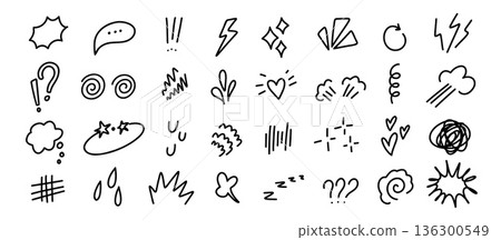 Comic expression doodle set. Reaction marks and motion sparks for manga action, speech bubble and shock or explosion sound. Hand drawn emphasis highlights, speed accents isolated vector set 136300549